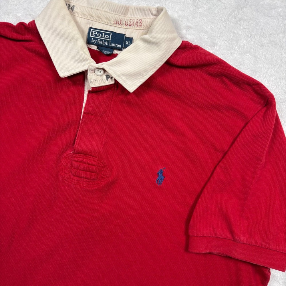 VTG 90s Polo Ralph Lauren Rugby Shirt Men XL Red Short Sleeve White Collar Pony